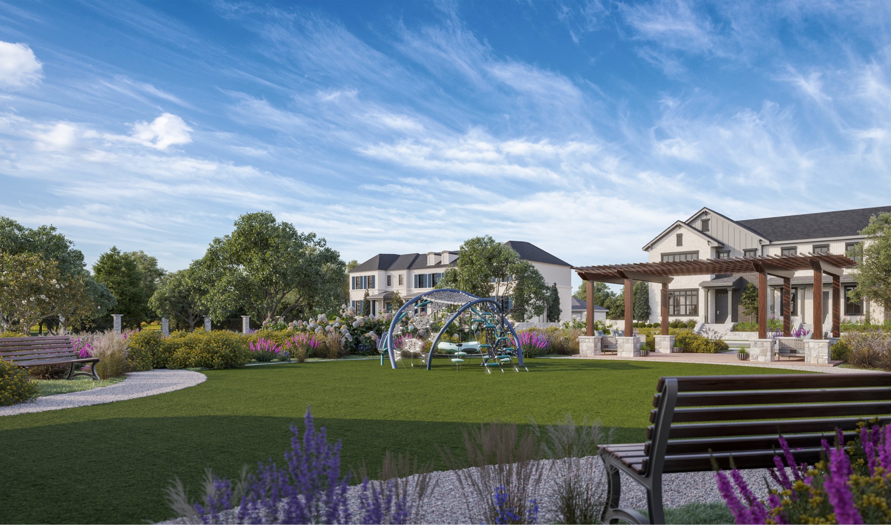 Outdoor amenities thatinspire. a playground with bench seating in Frisco, TX