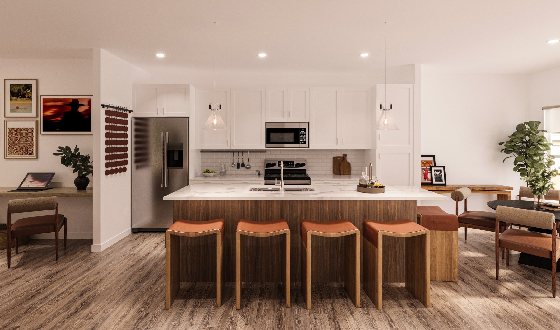 Designed finishes and elevated style to fit your needs. a white kitchen with large windows in Dallas, Texas