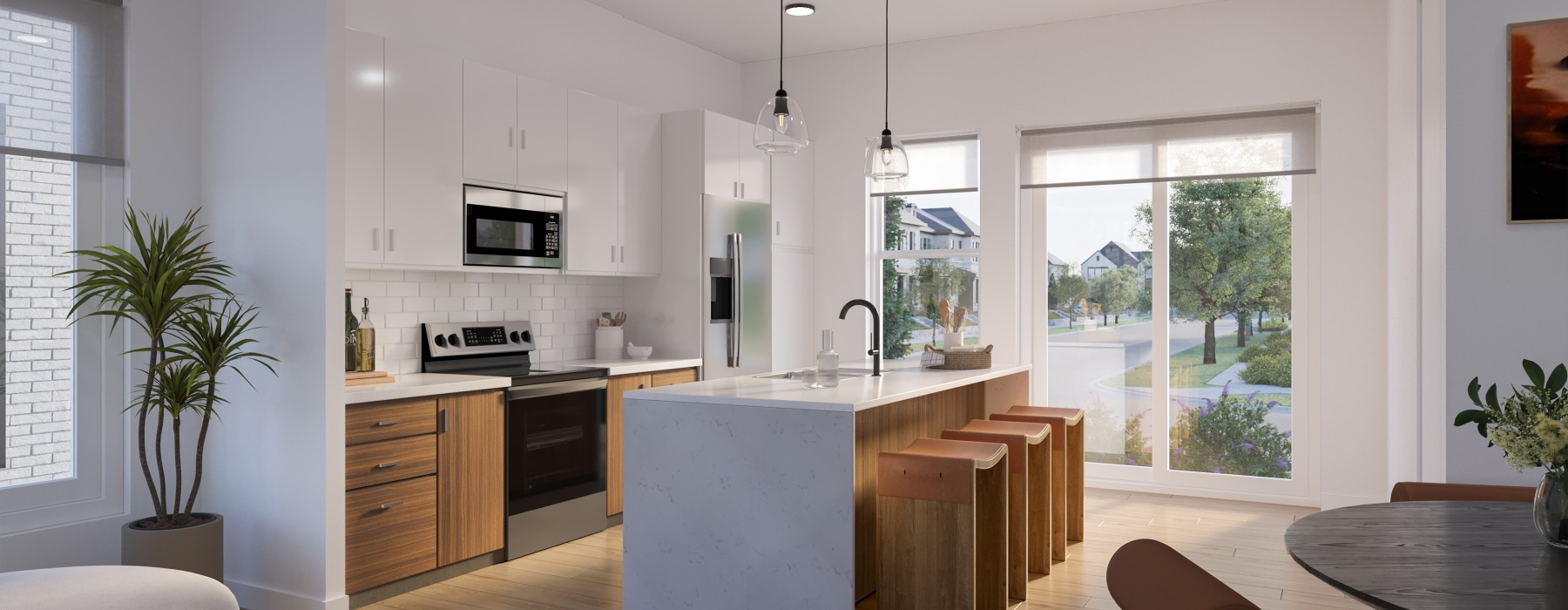 large waterfall edge island and white kitchen