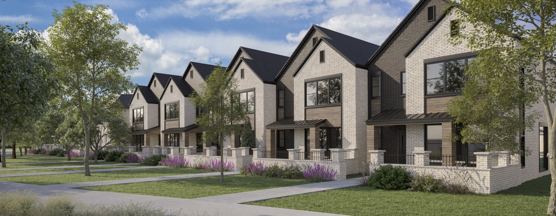 row of homes with walking paths in between