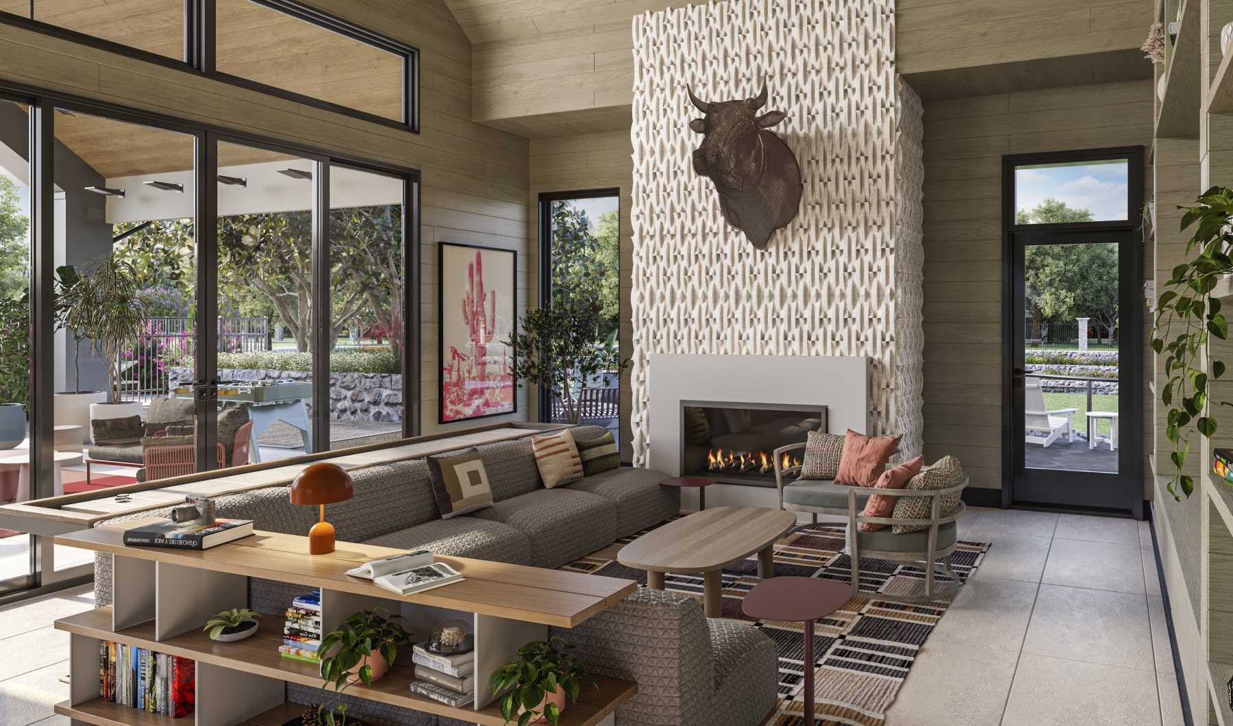 Rent by Choice, Not by Need. club room living room with large windows and fireplace