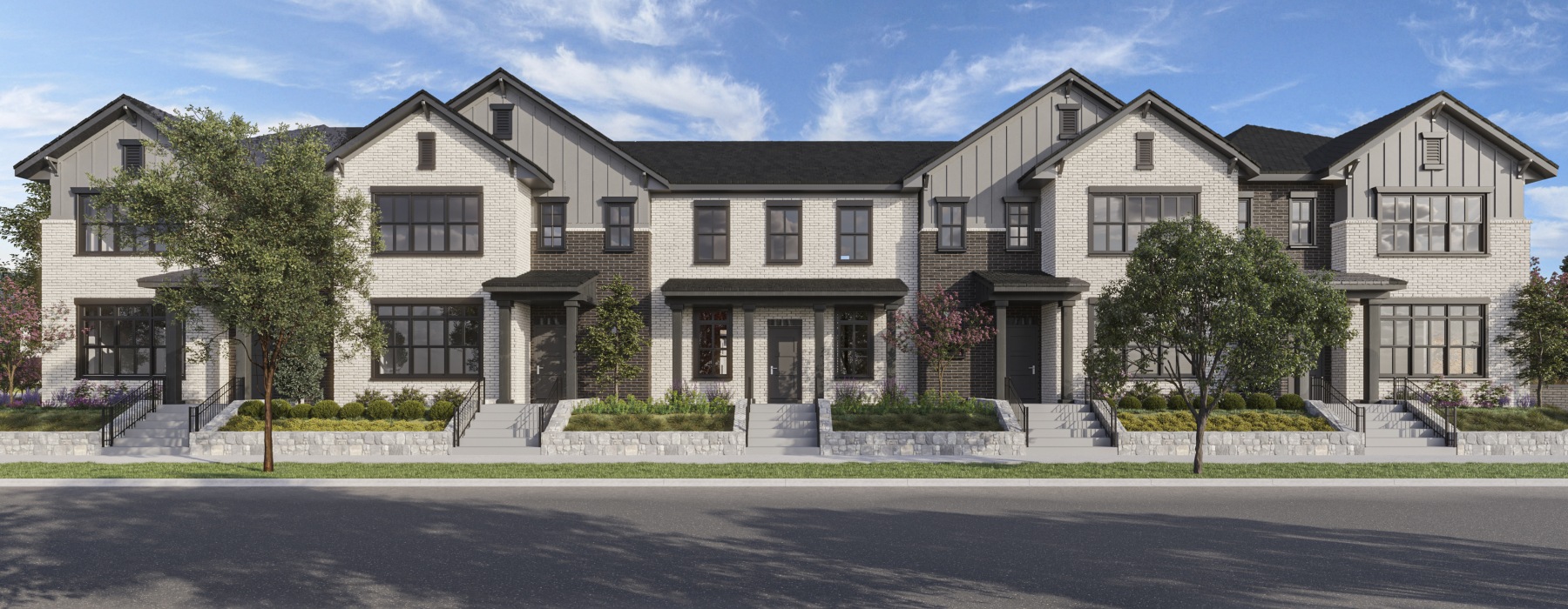 row of homes with walking paths in between
