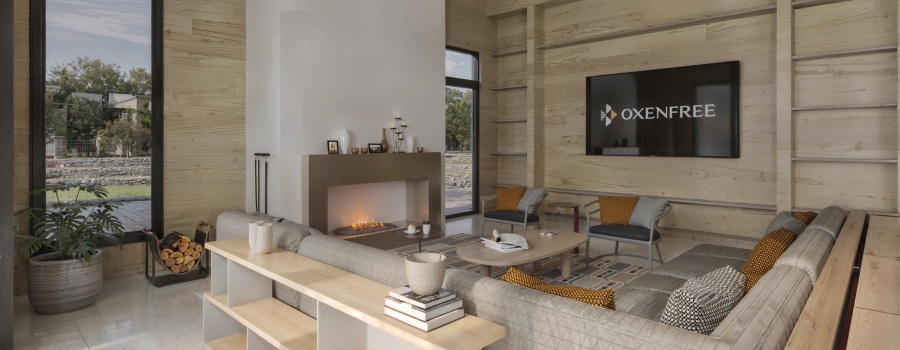 a living room with a fireplace
